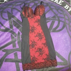 Elegant Lace Trimmed Black and Red Dress